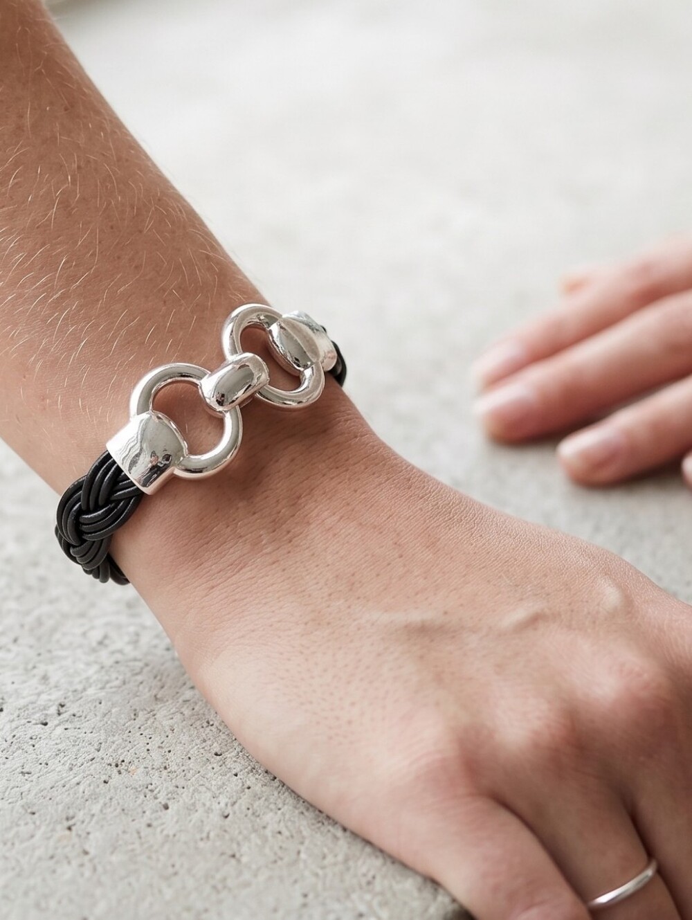 Bronze Milor Italy Black Braided Leather Silver Bracelet